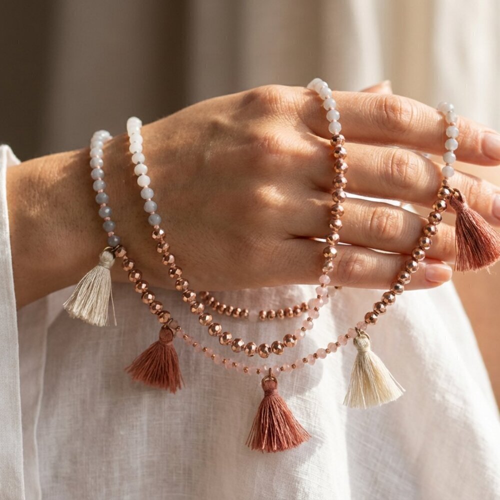 J.Crew 32" Long Beaded Tassel Necklace | Rose Gold, Gray & Blush Pink